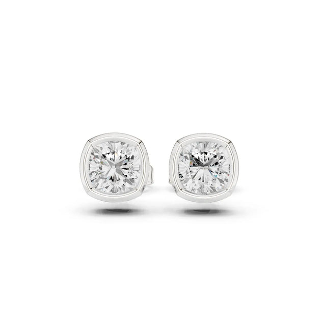 Pair-Shot: Round Diamond Studs with Bezel Setting in 14k White Gold - Lab Grown - Driona Jewels