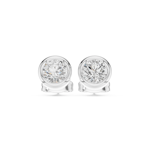 Pair-Shot: Round Diamond Earrings with Bezel Setting in 14k White Gold - Lab Grown - Driona Jewels