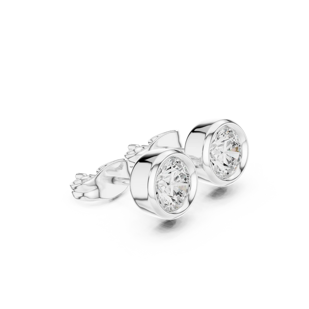 Pair Shot: Round Diamond Earrings with Bezel Setting in 14k White Gold - Lab Grown - Driona Jewels