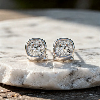 Pair Shot: Round Diamond Earrings with Bezel Setting in 14k White Gold - Lab Grown - Driona Jewels