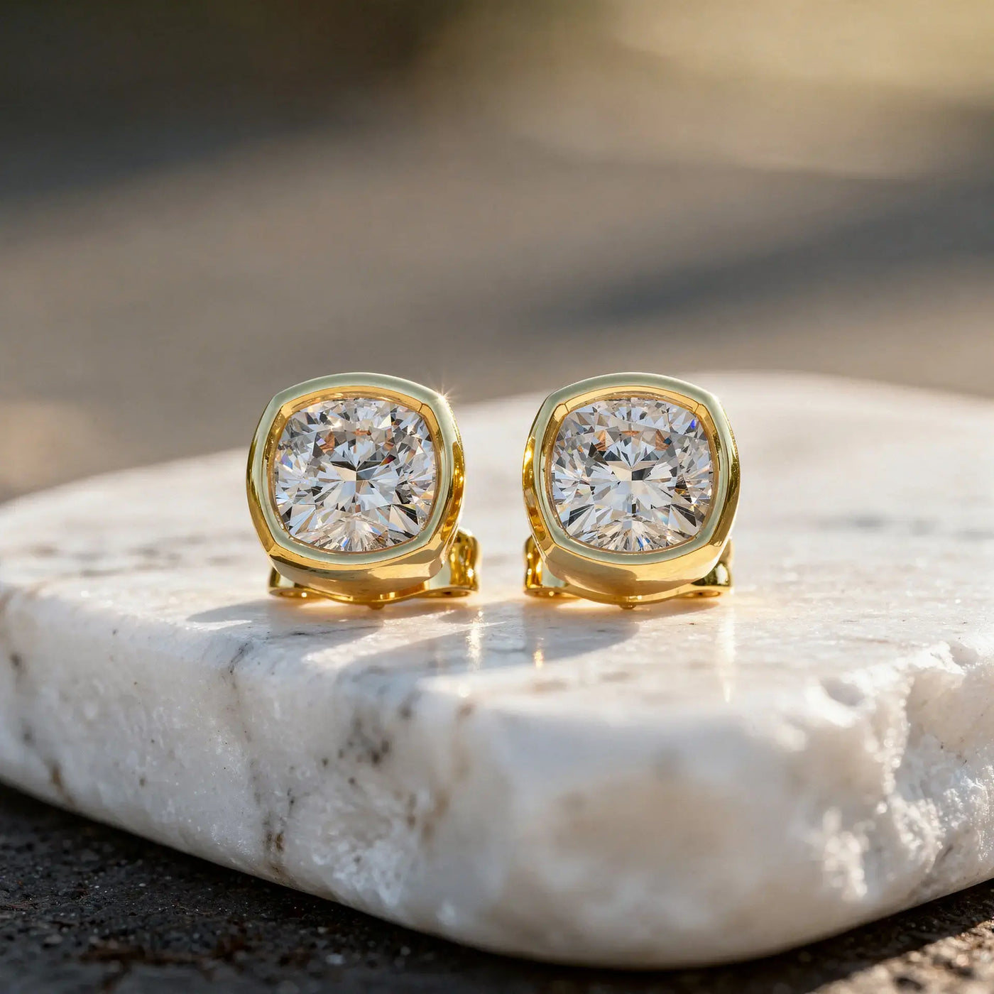 Pair-Shot: Round Diamond Earrings with Bezel Setting in 14k Yellow Gold - Lab Grown - Driona Jewels