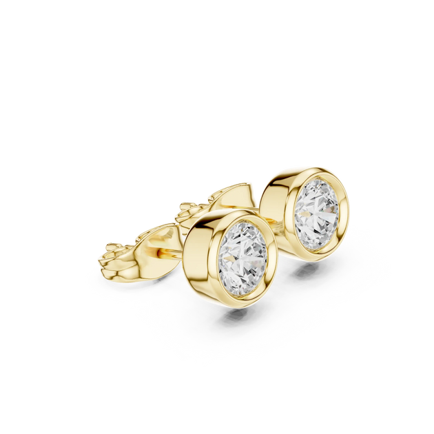 Pair Shot: Round Diamond Earrings with Bezel Setting in 14k Yellow Gold - Lab Grown - Driona Jewels