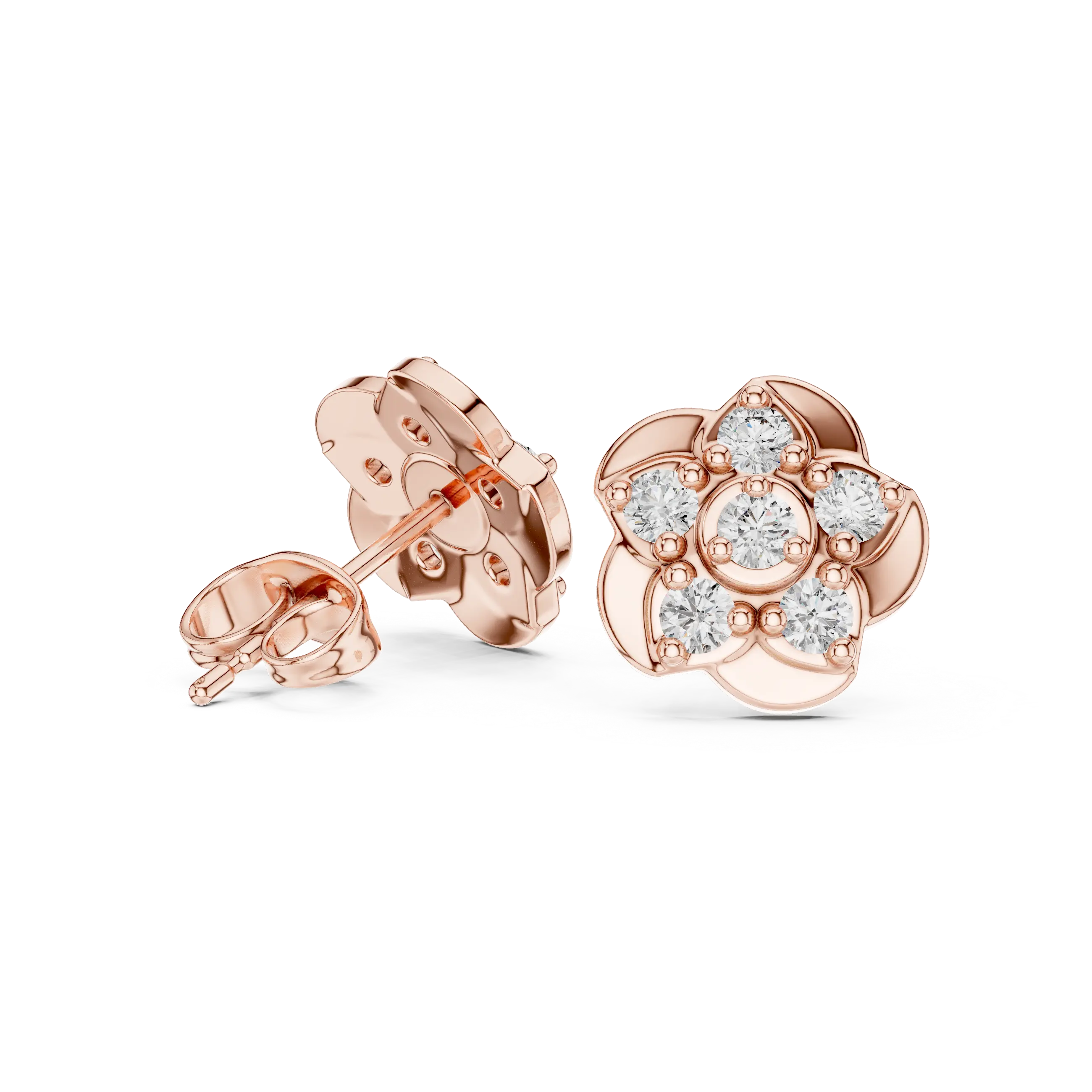 Pair Shot: Round Diamond Earrings with Cluster Setting in 14k Rose Gold - Lab Grown - Driona Jewels