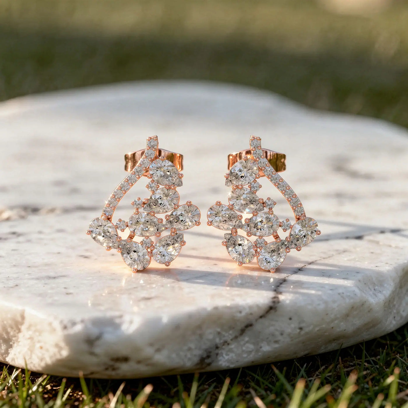 Pair Shot: Round Diamond Earrings with Cluster Setting in 14k Rose Gold - Lab Grown - Driona Jewels