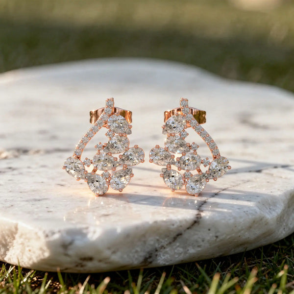 Pair Shot: Round Diamond Earrings with Cluster Setting in 14k Rose Gold - Lab Grown - Driona Jewels