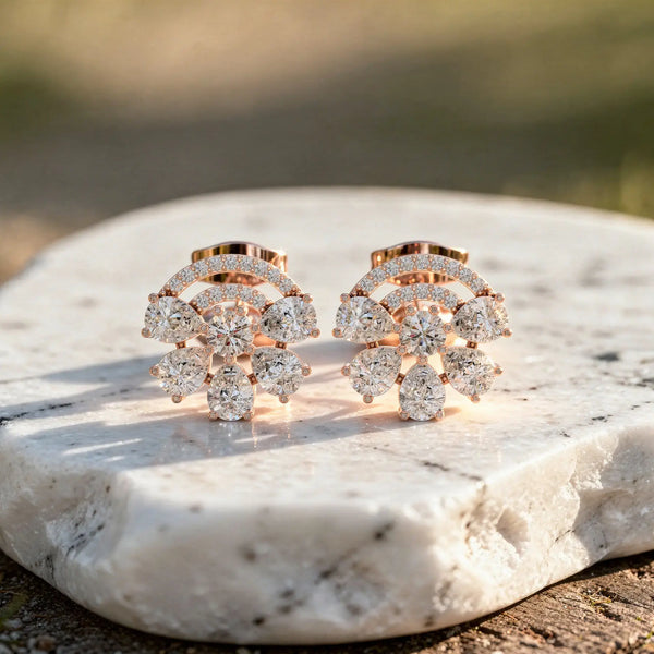 Pair Shot: Round Diamond Earrings with Cluster Setting in 14k Rose Gold - Lab Grown - Driona Jewels