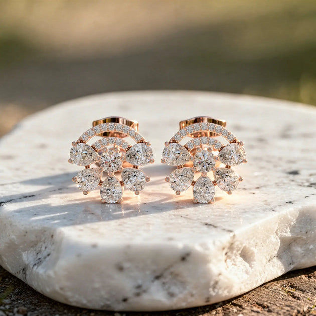 Pair Shot: Round Diamond Earrings with Cluster Setting in 14k Rose Gold - Lab Grown - Driona Jewels