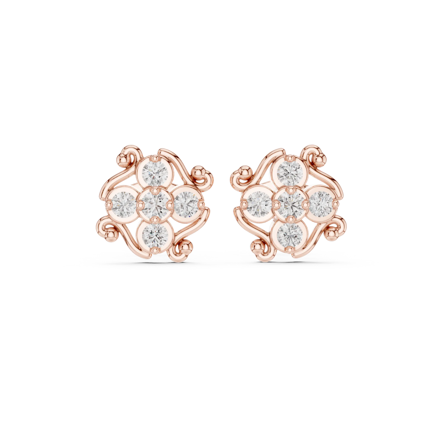 Pair-Shot: Round Diamond Earrings with Cluster Setting in 14k Rose Gold - Lab Grown - Driona Jewels