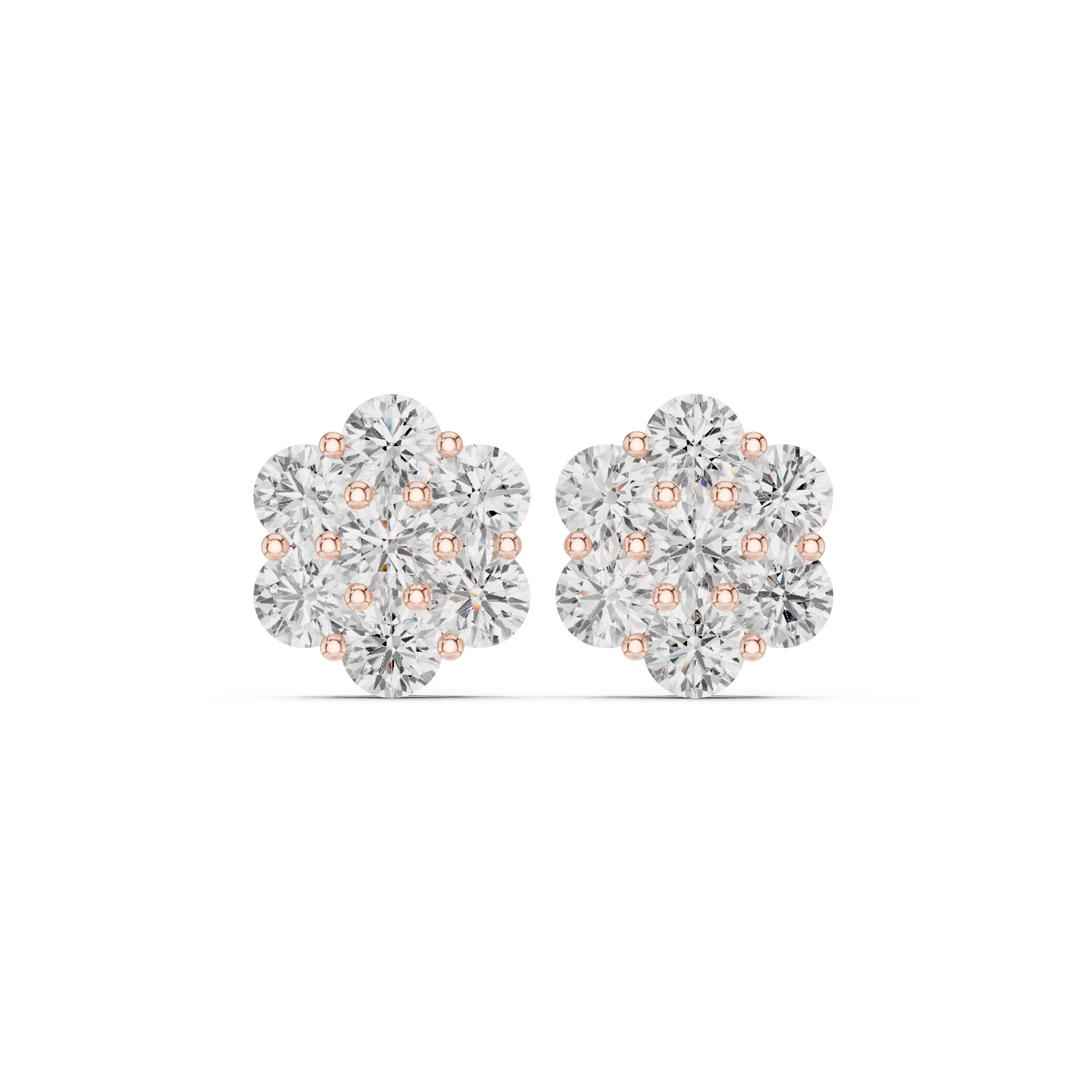 Pair-Shot: Round Diamond Earrings with Cluster Setting in 14k Rose Gold - Lab Grown - Driona Jewels