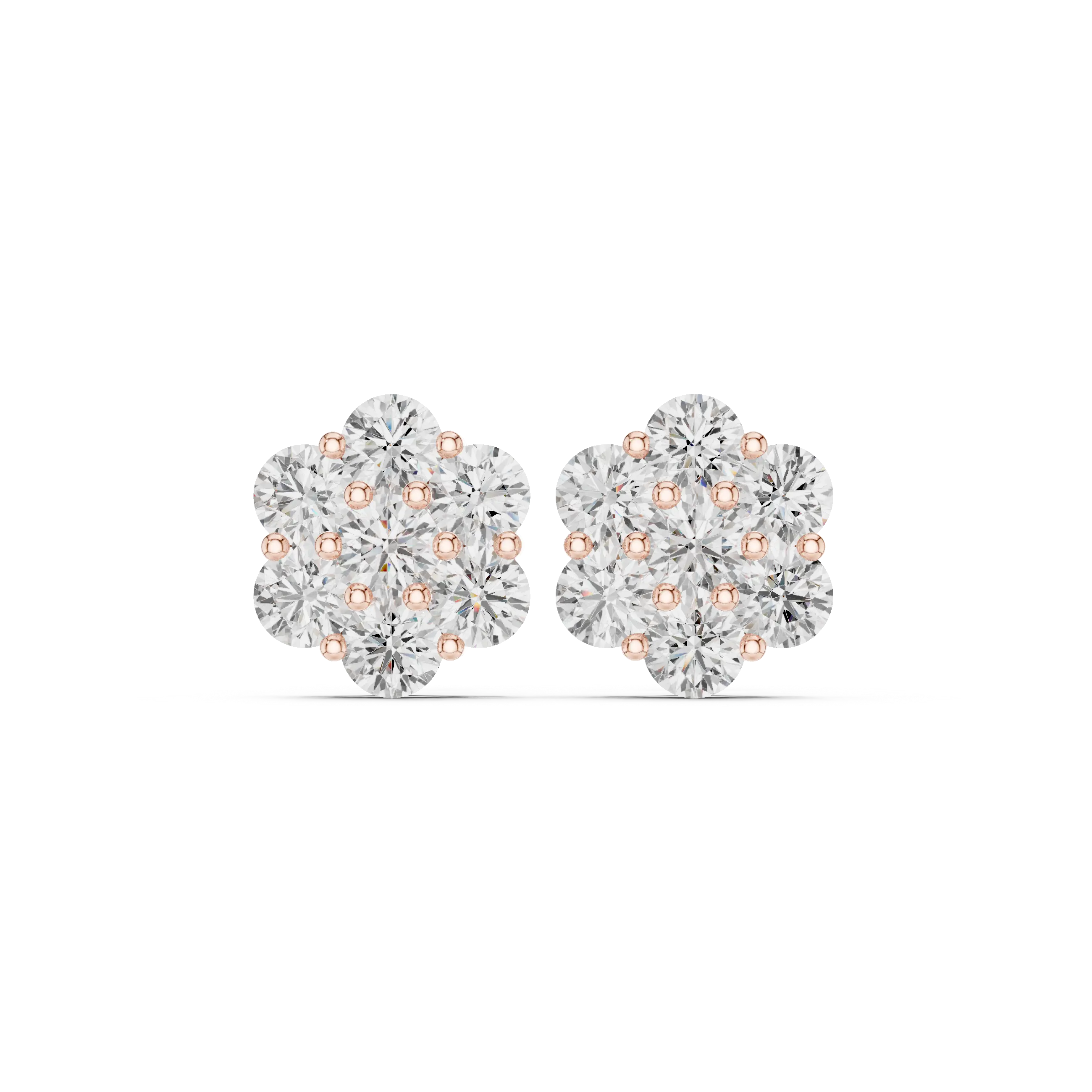 Pair-Shot: Round Diamond Earrings with Cluster Setting in 14k Rose Gold - Lab Grown - Driona Jewels