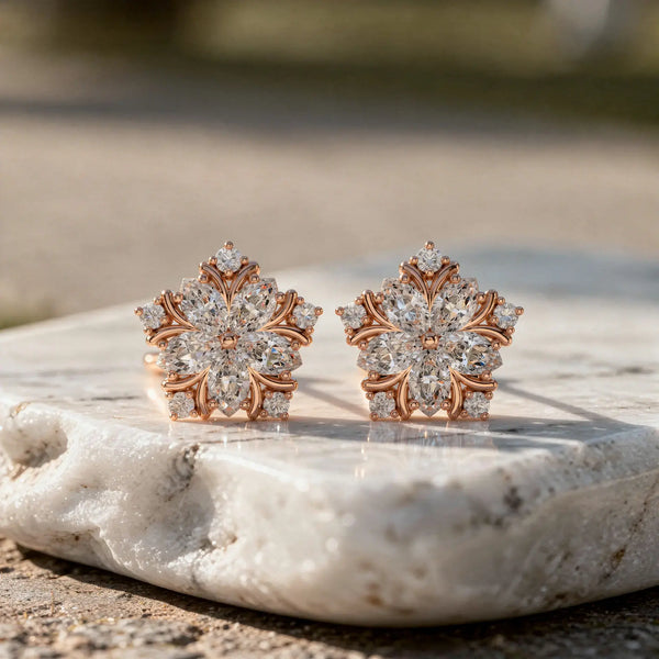 Pair Shot: Round Diamond Earrings with Cluster Setting in 14k Rose Gold - Lab Grown - Driona Jewels