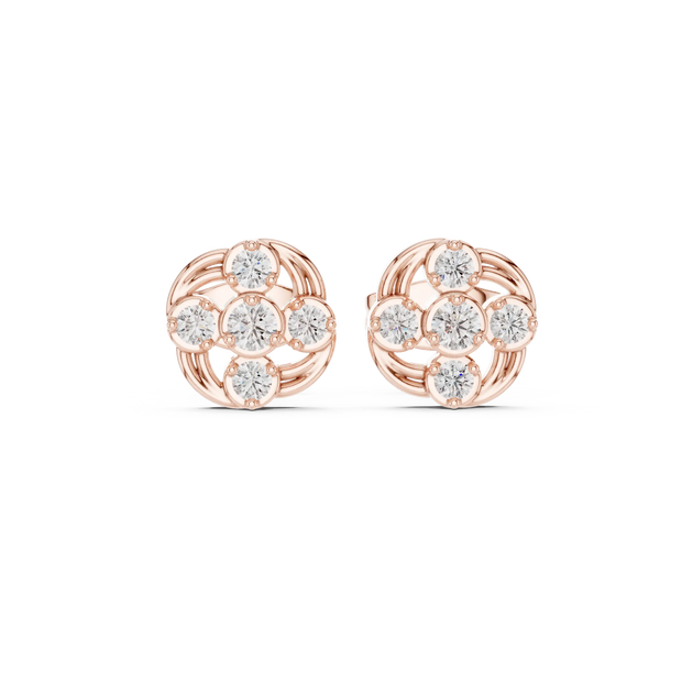 Pair-Shot: Round Diamond Earrings with Cluster Setting in 14k Rose Gold - Lab Grown - Driona Jewels