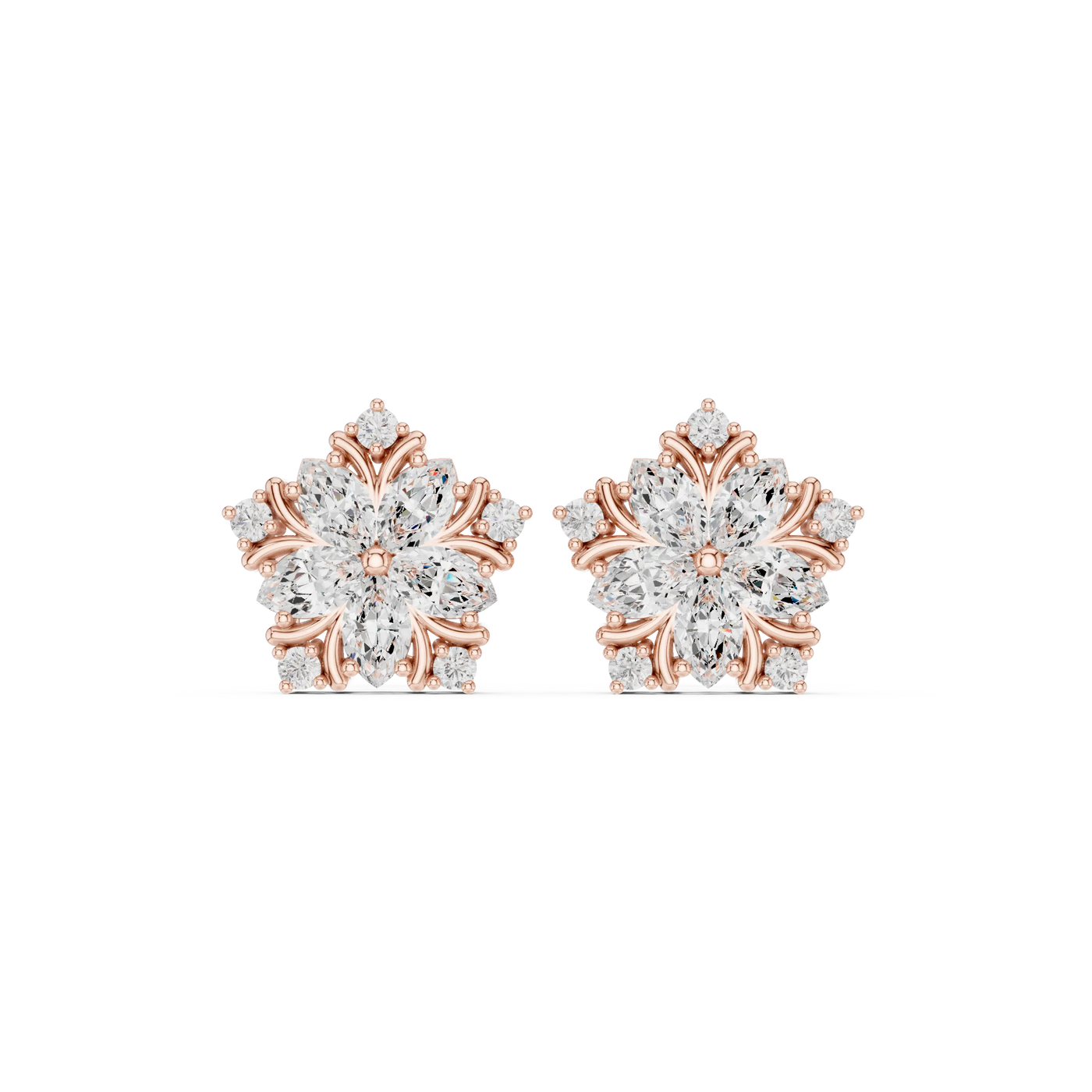 Pair-Shot: Round Diamond Earrings with Cluster Setting in 14k Rose Gold - Lab Grown - Driona Jewels