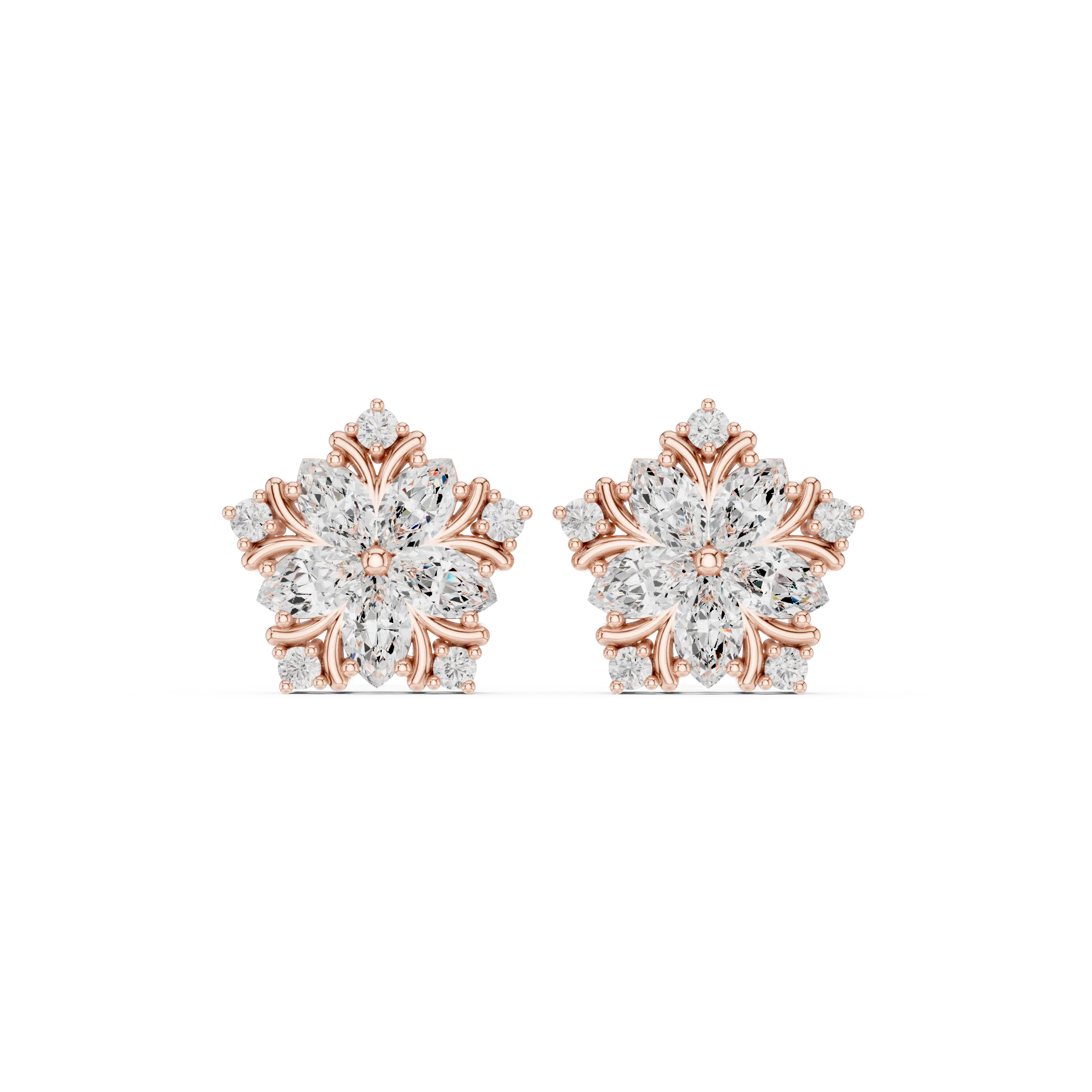 Pair-Shot: Round Diamond Earrings with Cluster Setting in 14k Rose Gold - Lab Grown - Driona Jewels
