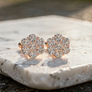Pair Shot: Round Diamond Earrings with Cluster Setting in 14k Rose Gold - Lab Grown - Driona Jewels