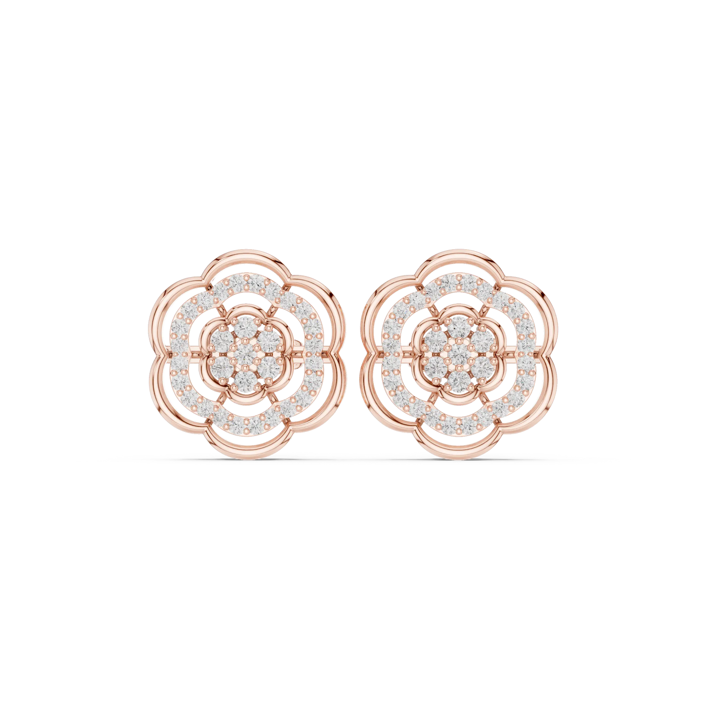 Pair Shot: Round Diamond Earrings with Cluster Setting in 14k Rose Gold - Lab Grown - Driona Jewels