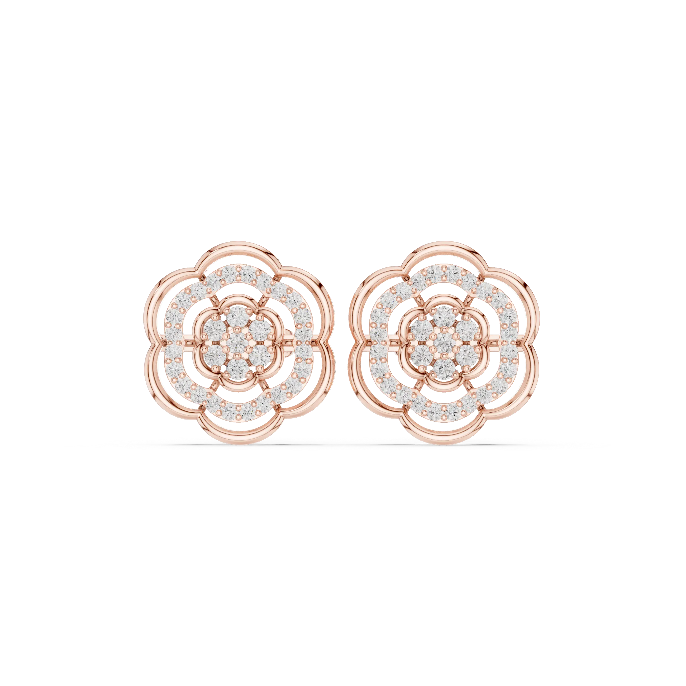 Pair Shot: Round Diamond Earrings with Cluster Setting in 14k Rose Gold - Lab Grown - Driona Jewels