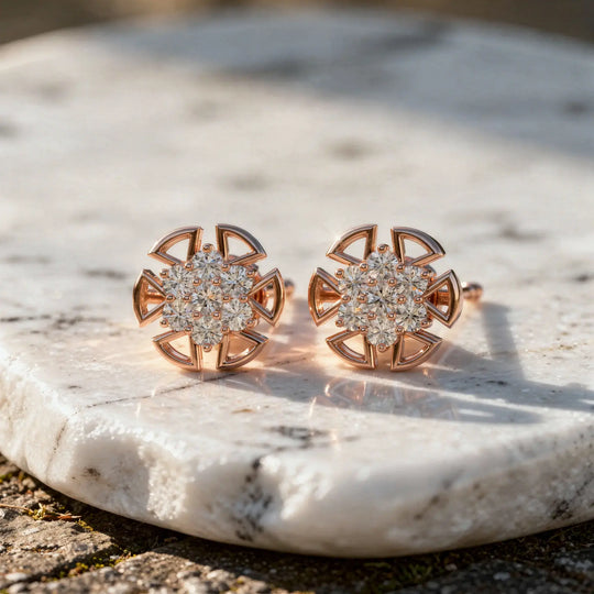 Pair-shot: Round Diamond Earrings with Cluster Setting in 14k Rose Gold - Lab Grown - Driona Jewels