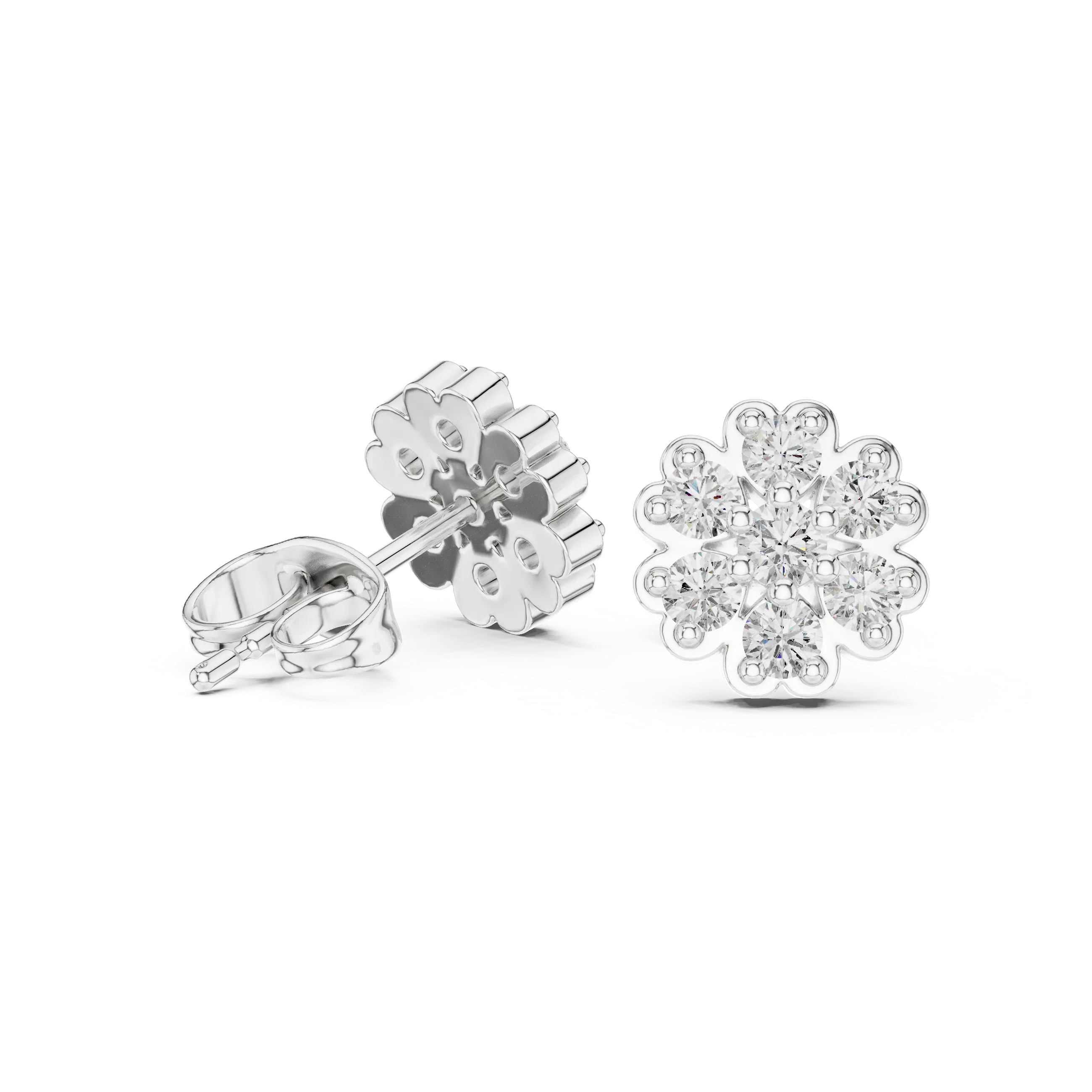 Pair-Shot: Round Diamond Earrings with Cluster Setting in 14k White Gold - Lab Grown - Driona Jewels