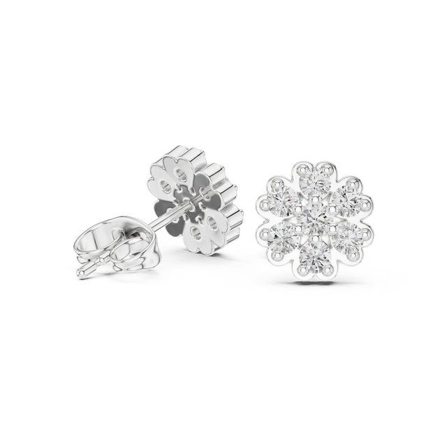 Pair-Shot: Round Diamond Earrings with Cluster Setting in 14k White Gold - Lab Grown - Driona Jewels