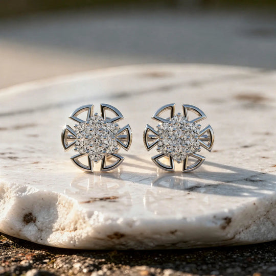 Pair Shot: Round Diamond Earrings with Cluster Setting in 14k White Gold - Lab Grown - Driona Jewels