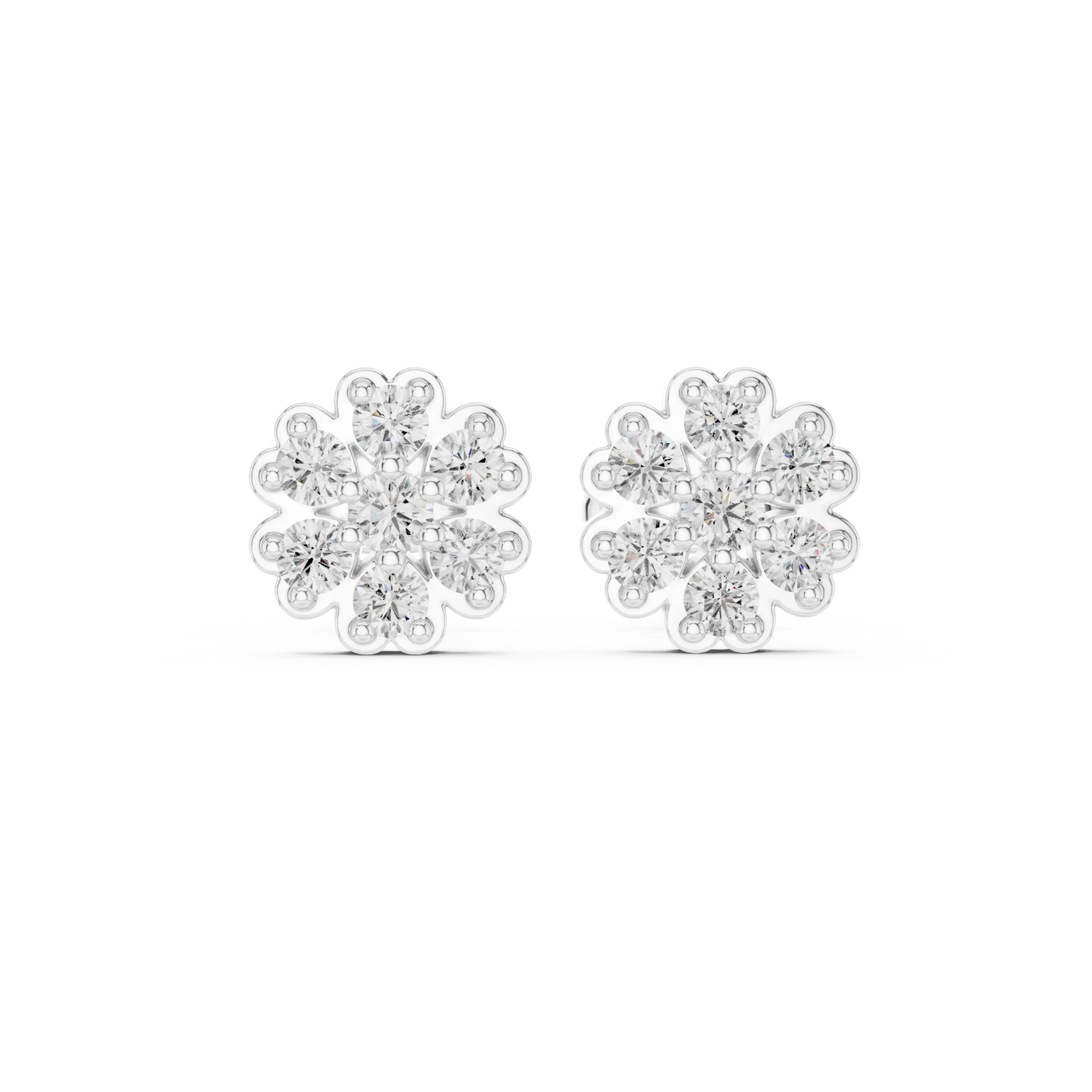 Pair-Shot: Round Diamond Earrings with Cluster Setting in 14k White Gold - Lab Grown - Driona Jewels