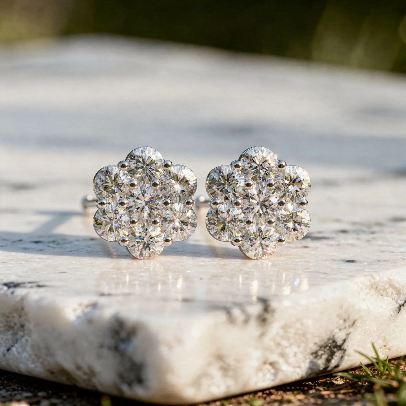 Pair Shot: Round Diamond Earrings with Cluster Setting in 14k White Gold - Lab Grown - Driona Jewels
