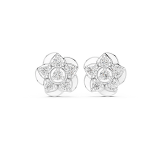 Pair-Shot: Round Diamond Earrings with Cluster Setting in 14k White Gold - Lab Grown - Driona Jewels