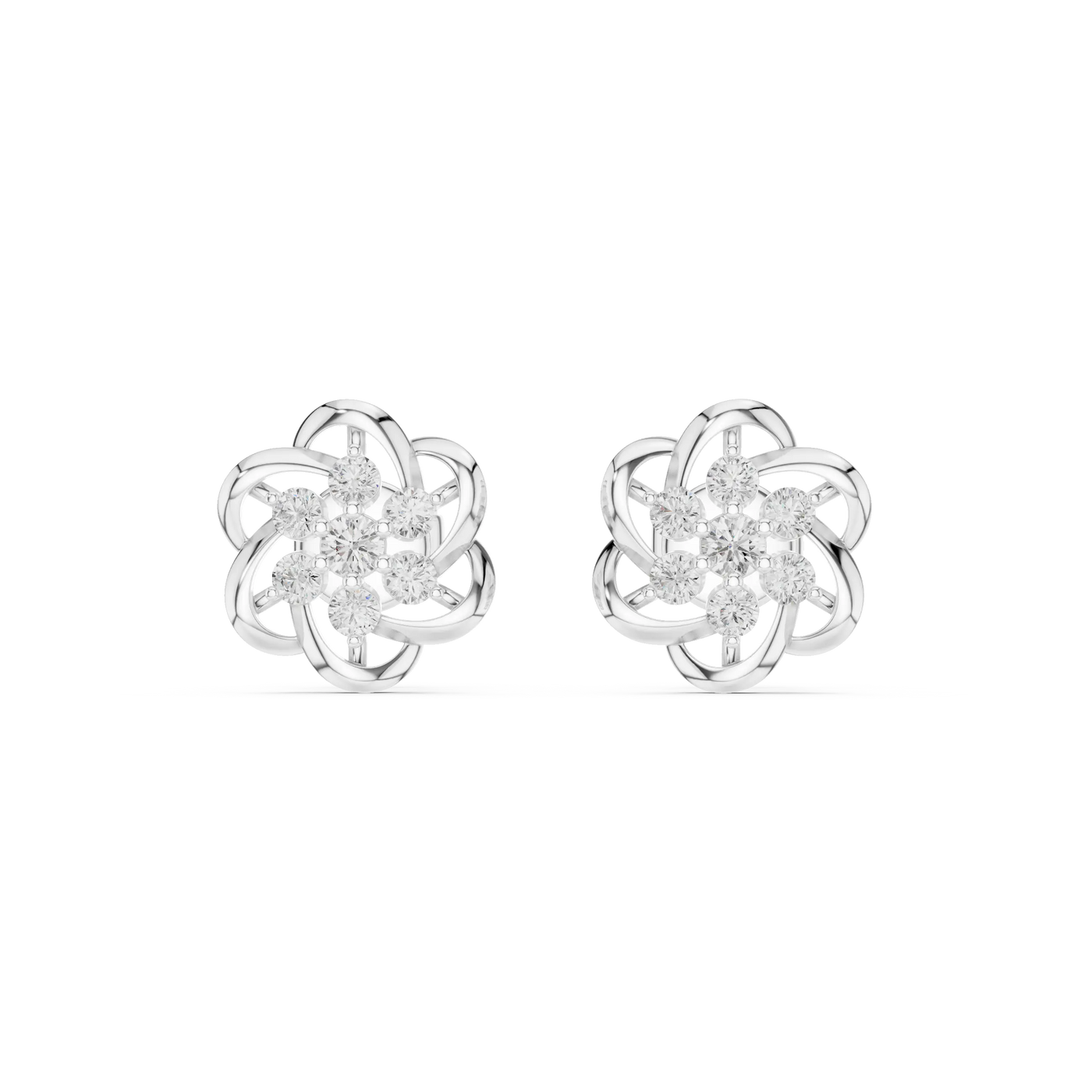 Pair Shot: Round Diamond Earrings with Cluster Setting in 14k White Gold - Lab Grown - Driona Jewels
