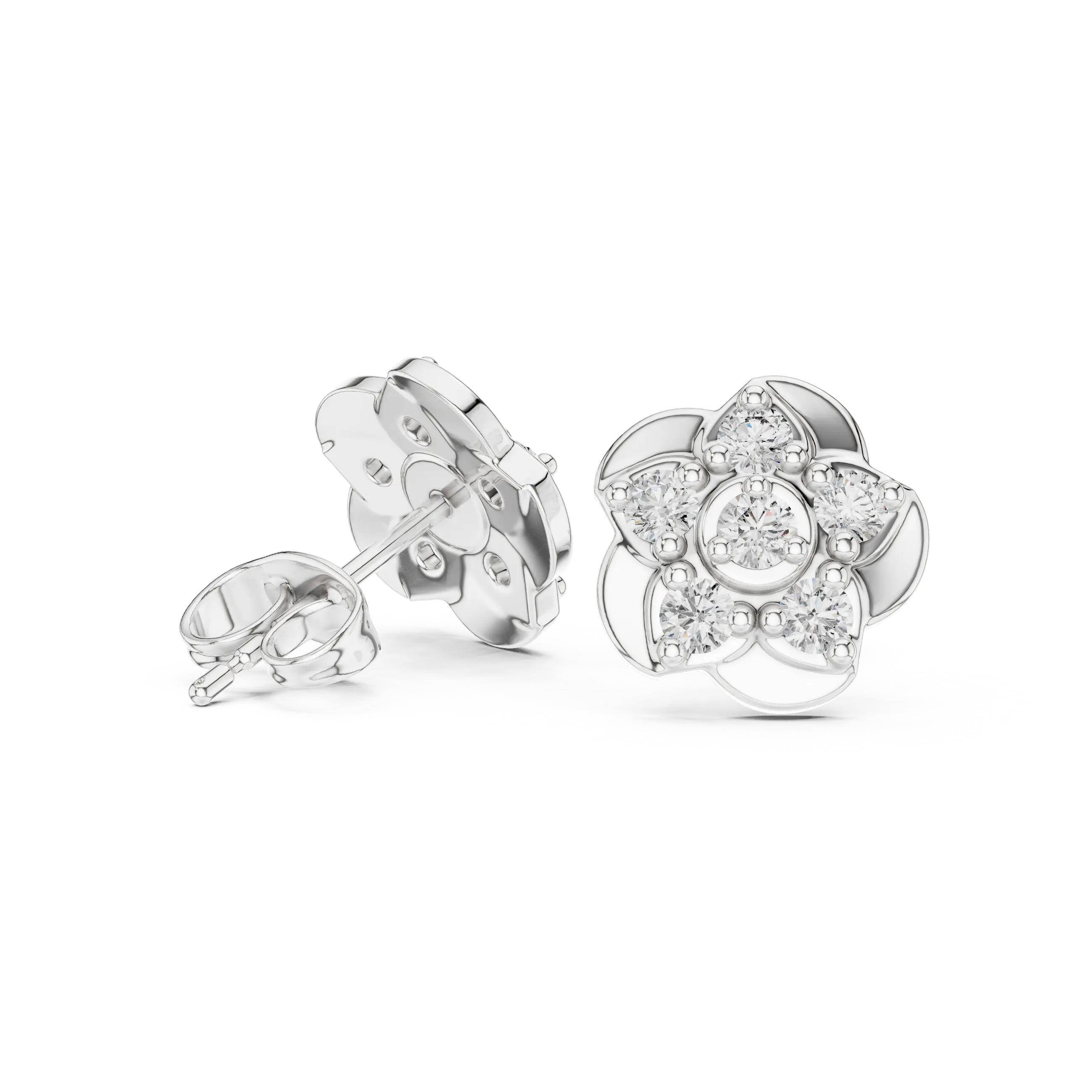Pair Shot: Round Diamond Earrings with Cluster Setting in 14k White Gold - Lab Grown - Driona Jewels