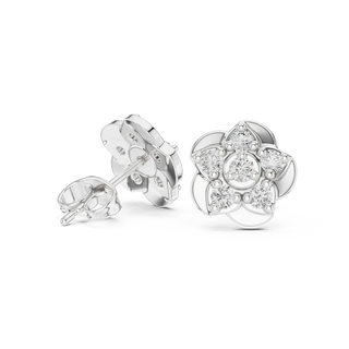 Pair Shot: Round Diamond Earrings with Cluster Setting in 14k White Gold - Lab Grown - Driona Jewels