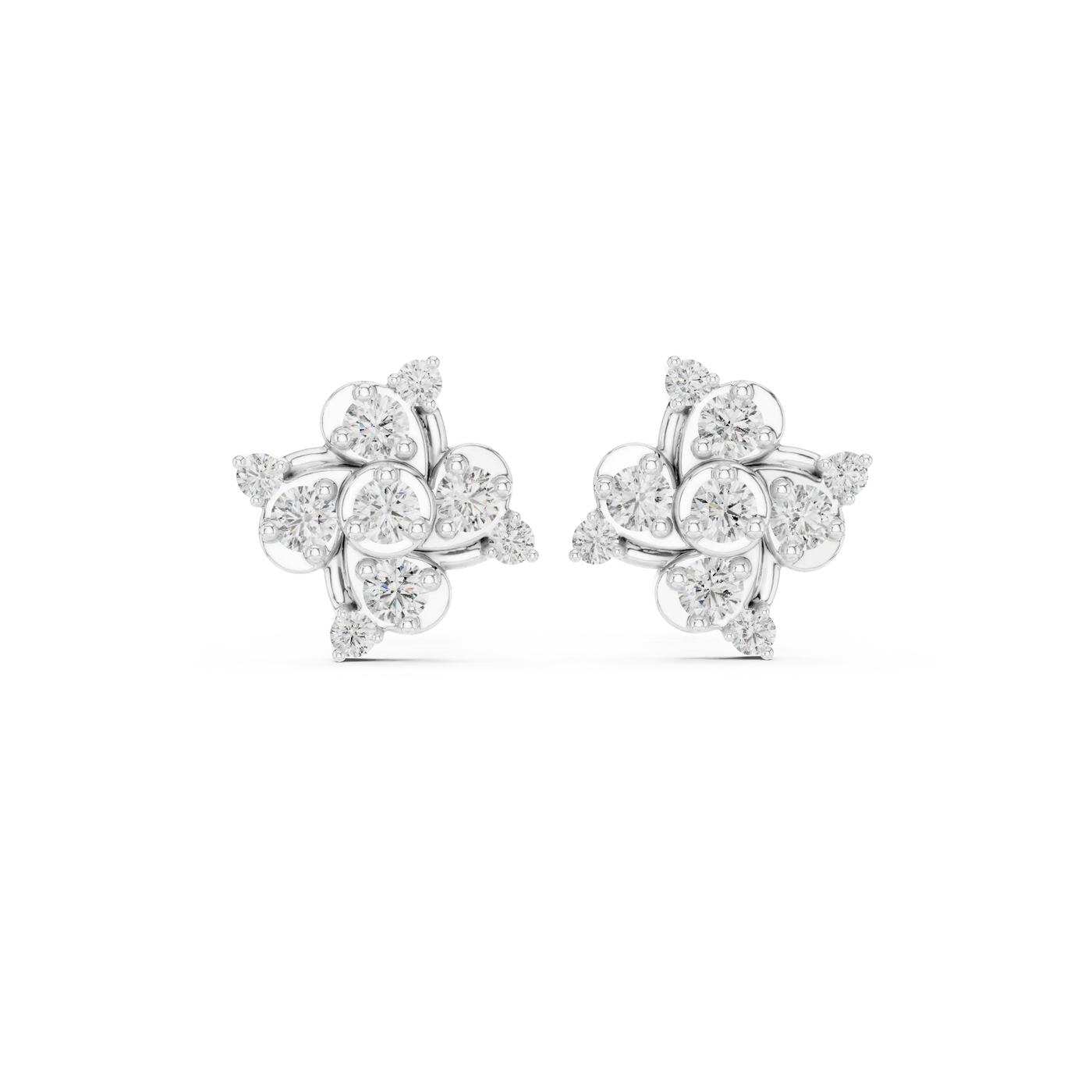 Pair Shot: Round Diamond Earrings with Cluster Setting in 14k White Gold - Lab Grown - Driona Jewels