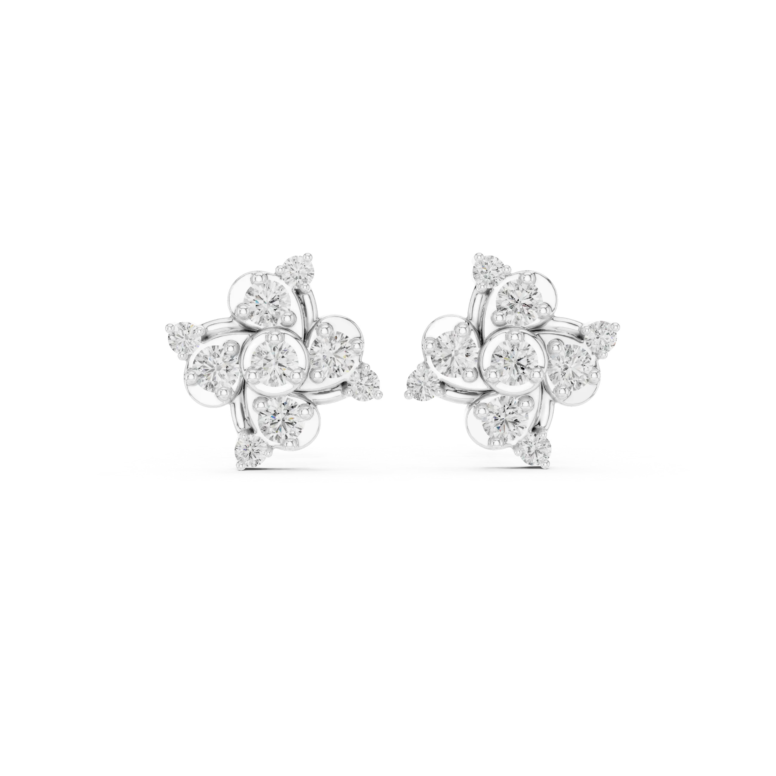 Pair Shot: Round Diamond Earrings with Cluster Setting in 14k White Gold - Lab Grown - Driona Jewels