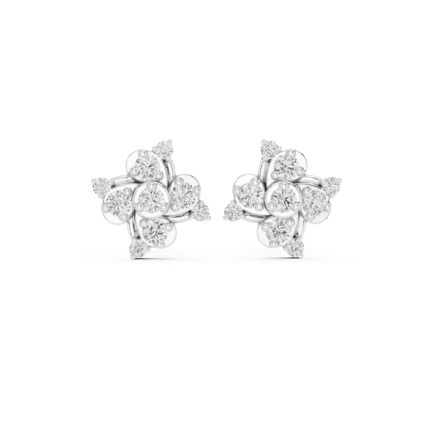 Pair Shot: Round Diamond Earrings with Cluster Setting in 14k White Gold - Lab Grown - Driona Jewels