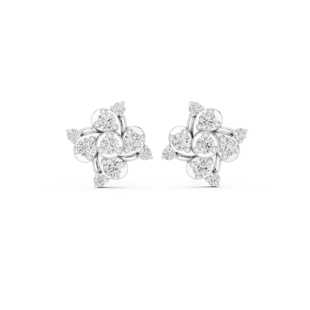 Pair Shot: Round Diamond Earrings with Cluster Setting in 14k White Gold - Lab Grown - Driona Jewels