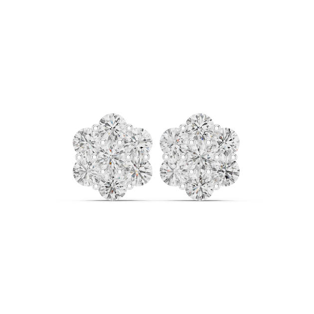 Pair-Shot: Round Diamond Earrings with Cluster Setting in 14k White Gold - Lab Grown - Driona Jewels