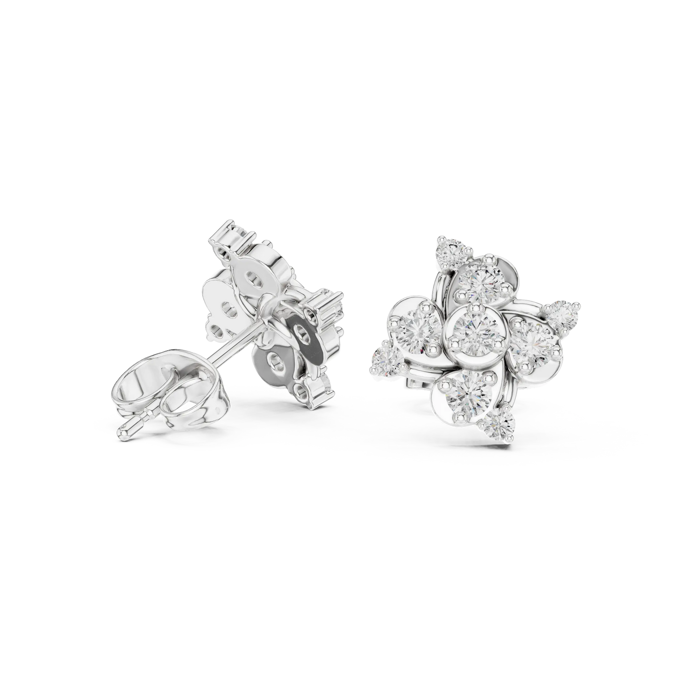 Pair Shot: Round Diamond Earrings with Cluster Setting in 14k White Gold - Lab Grown - Driona Jewels