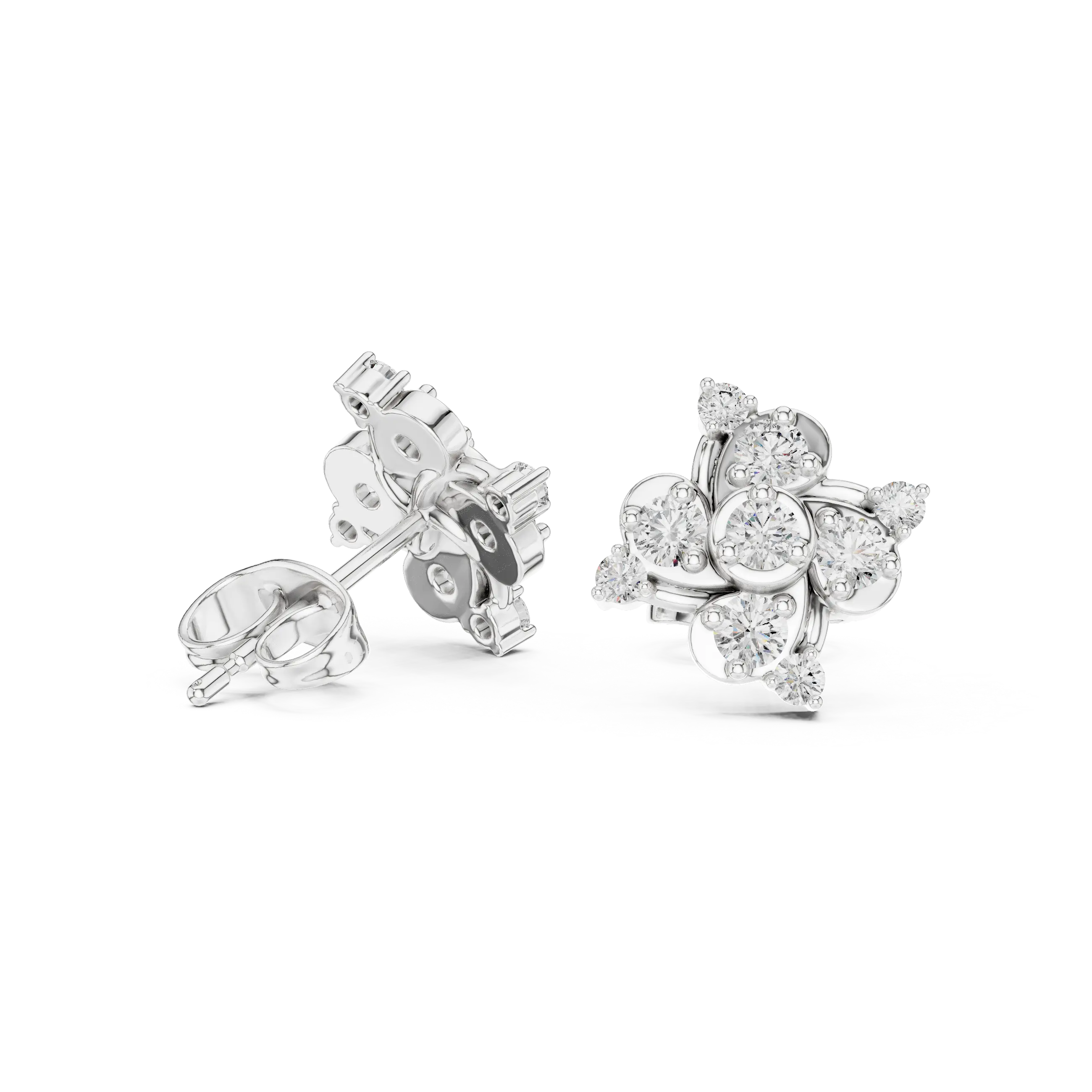 Pair Shot: Round Diamond Earrings with Cluster Setting in 14k White Gold - Lab Grown - Driona Jewels
