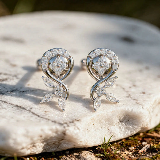 Pair-Shot: Round Diamond Earrings with Cluster Setting in 14k White Gold - Lab Grown - Driona Jewels