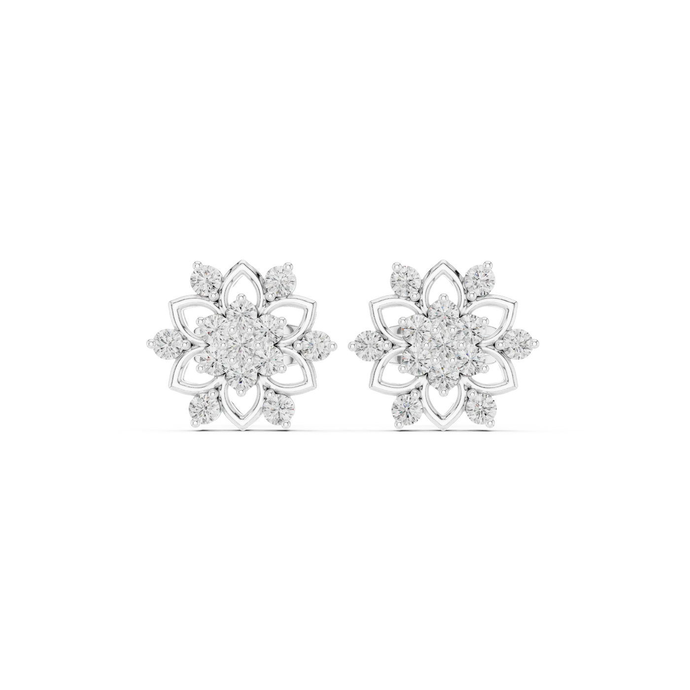 Pair Shot: Round Diamond Earrings with Cluster Setting in 14k White Gold - Lab Grown - Driona Jewels