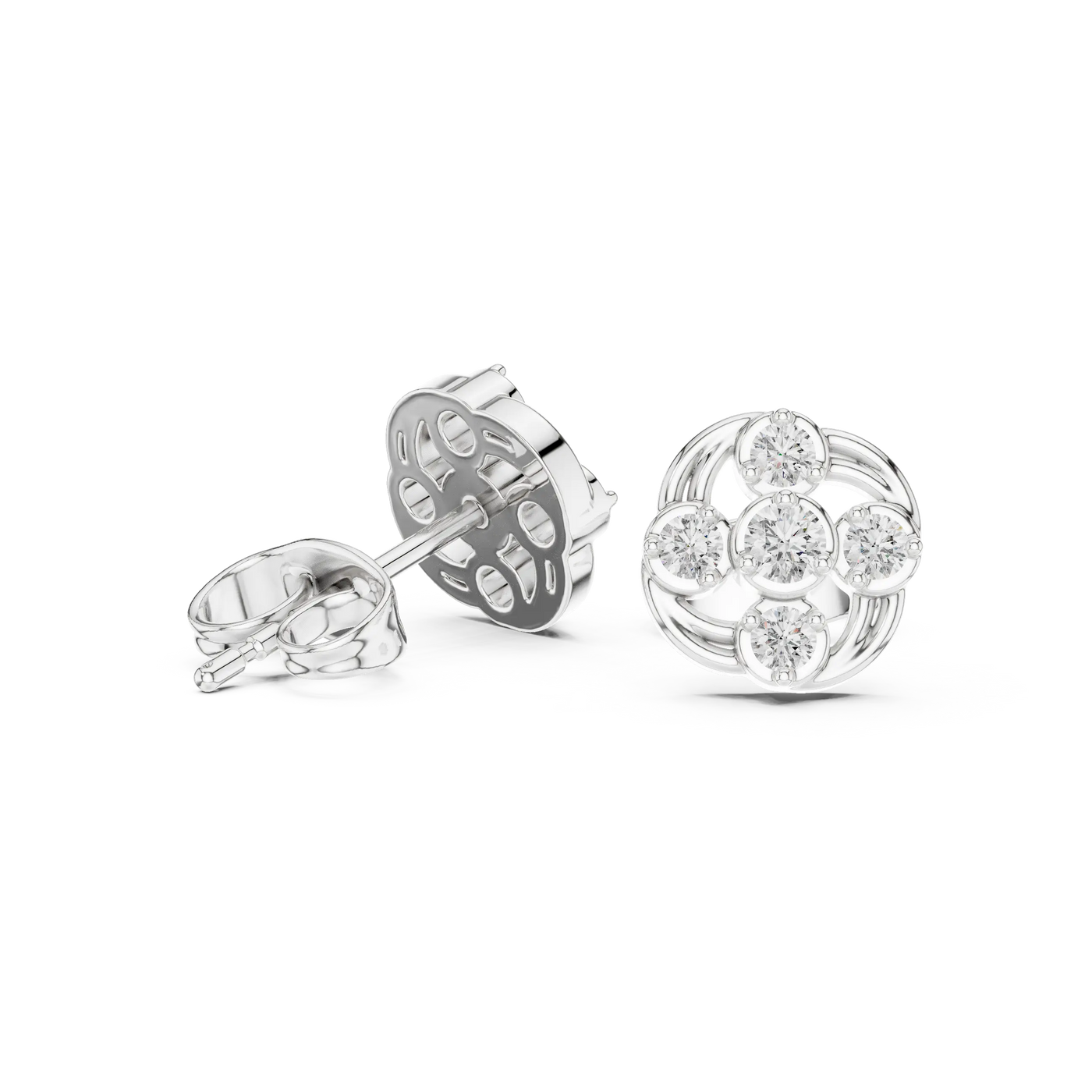Pair-shot: Round Diamond Earrings with Cluster Setting in 14k White Gold - Lab Grown - Driona Jewels