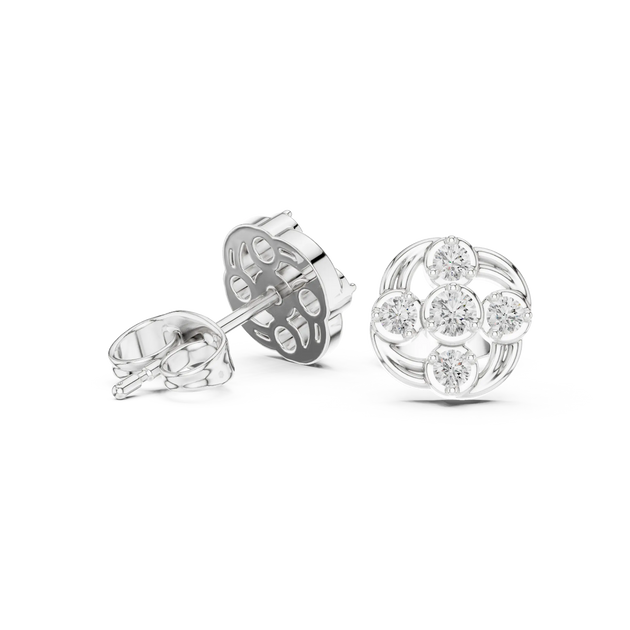 Pair-shot: Round Diamond Earrings with Cluster Setting in 14k White Gold - Lab Grown - Driona Jewels