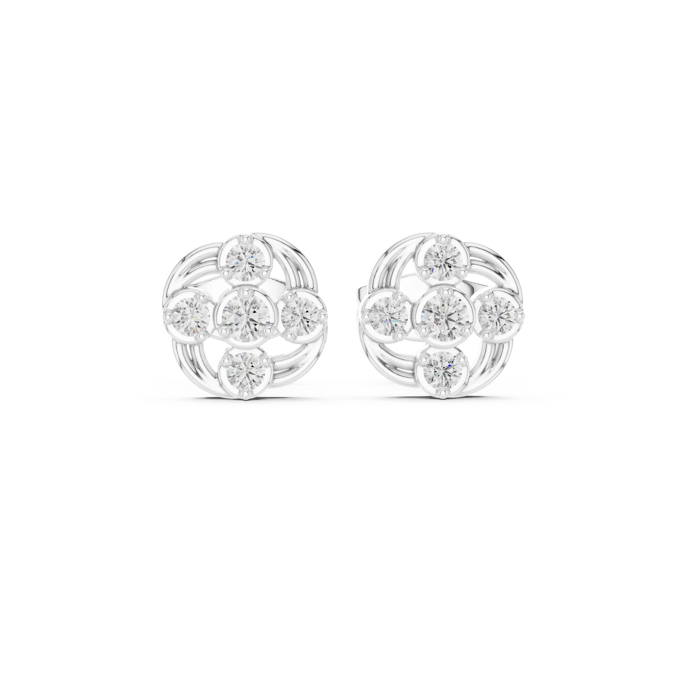 Pair Shot: Round Diamond Earrings with Cluster Setting in 14k White Gold - Lab Grown - Driona Jewels