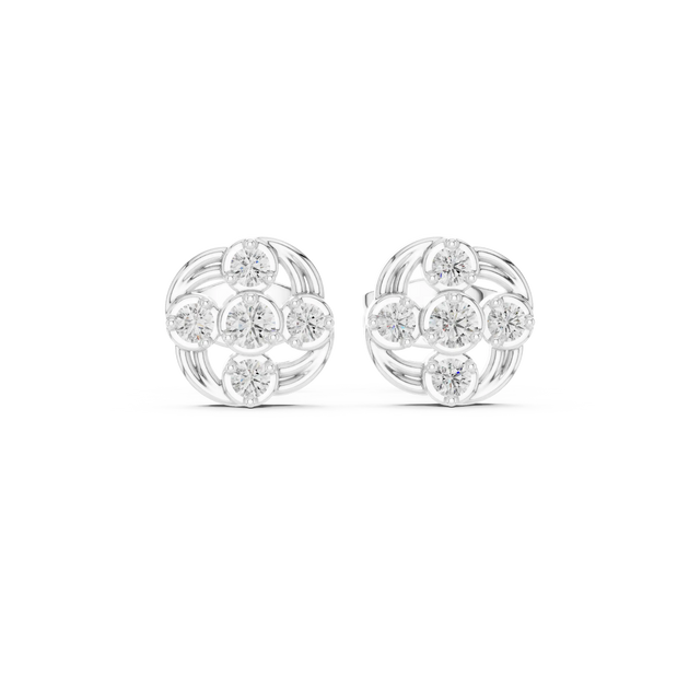 Pair Shot: Round Diamond Earrings with Cluster Setting in 14k White Gold - Lab Grown - Driona Jewels