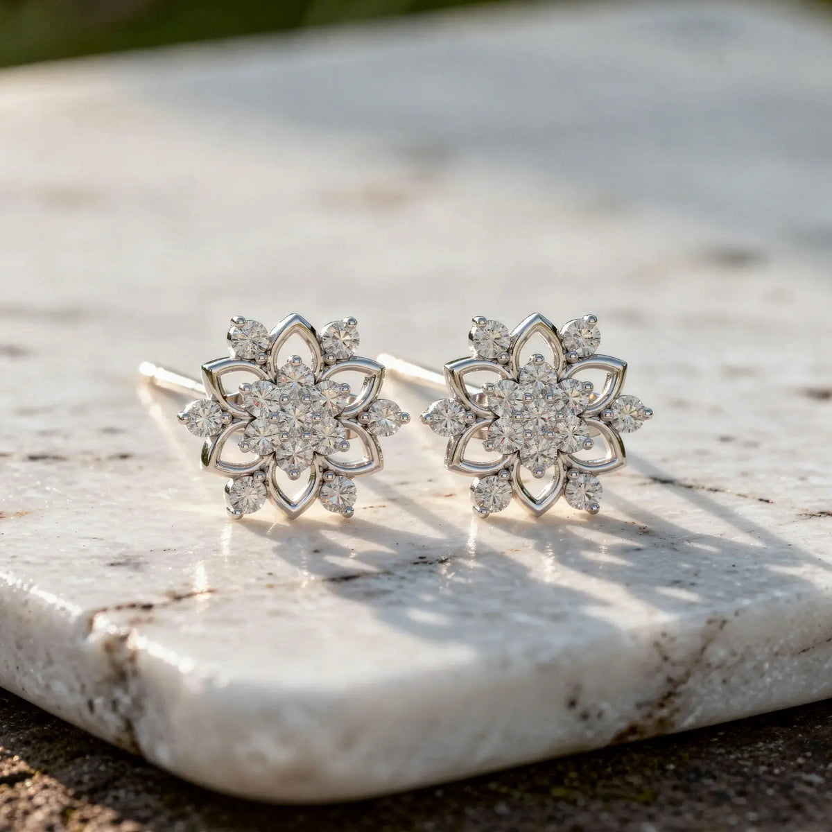 Pair-Shot: Round Diamond Earrings with Cluster Setting in 14k White Gold - Lab Grown - Driona Jewels