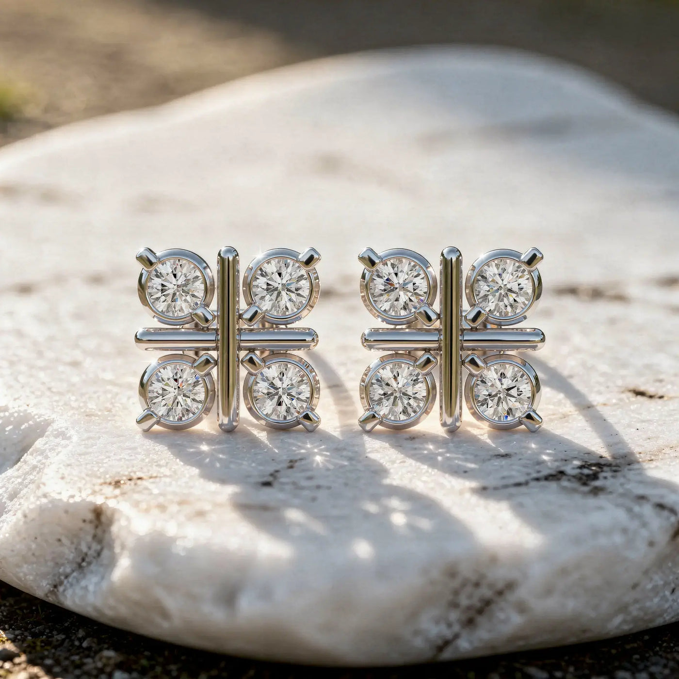 Pair-Shot: Round Diamond Earrings with Cluster Setting in 14k White Gold - Lab Grown - Driona Jewels