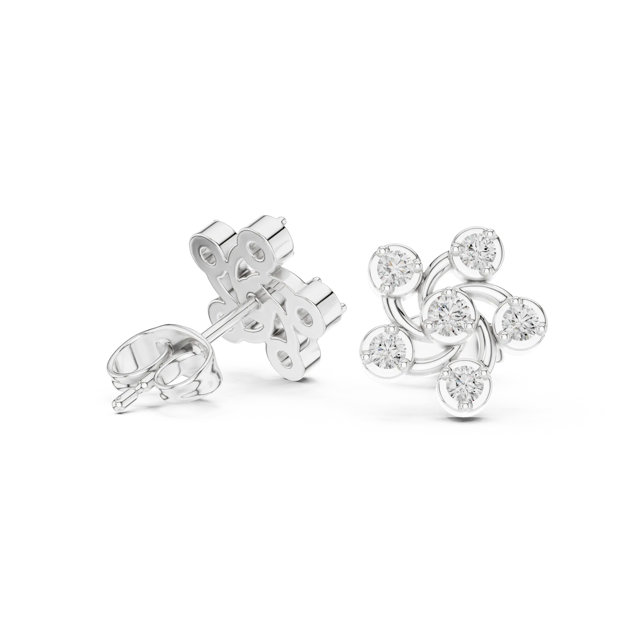 Pair Shot: Round Diamond Earrings with Cluster Setting in 14k White Gold - Lab Grown - Driona Jewels