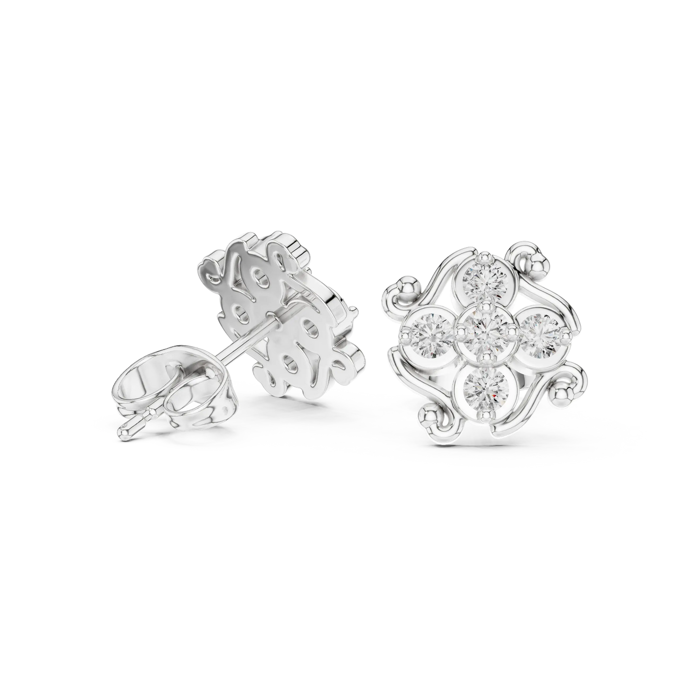 Pair Shot: Round Diamond Earrings with Cluster Setting in 14k White Gold - Lab Grown - Driona Jewels