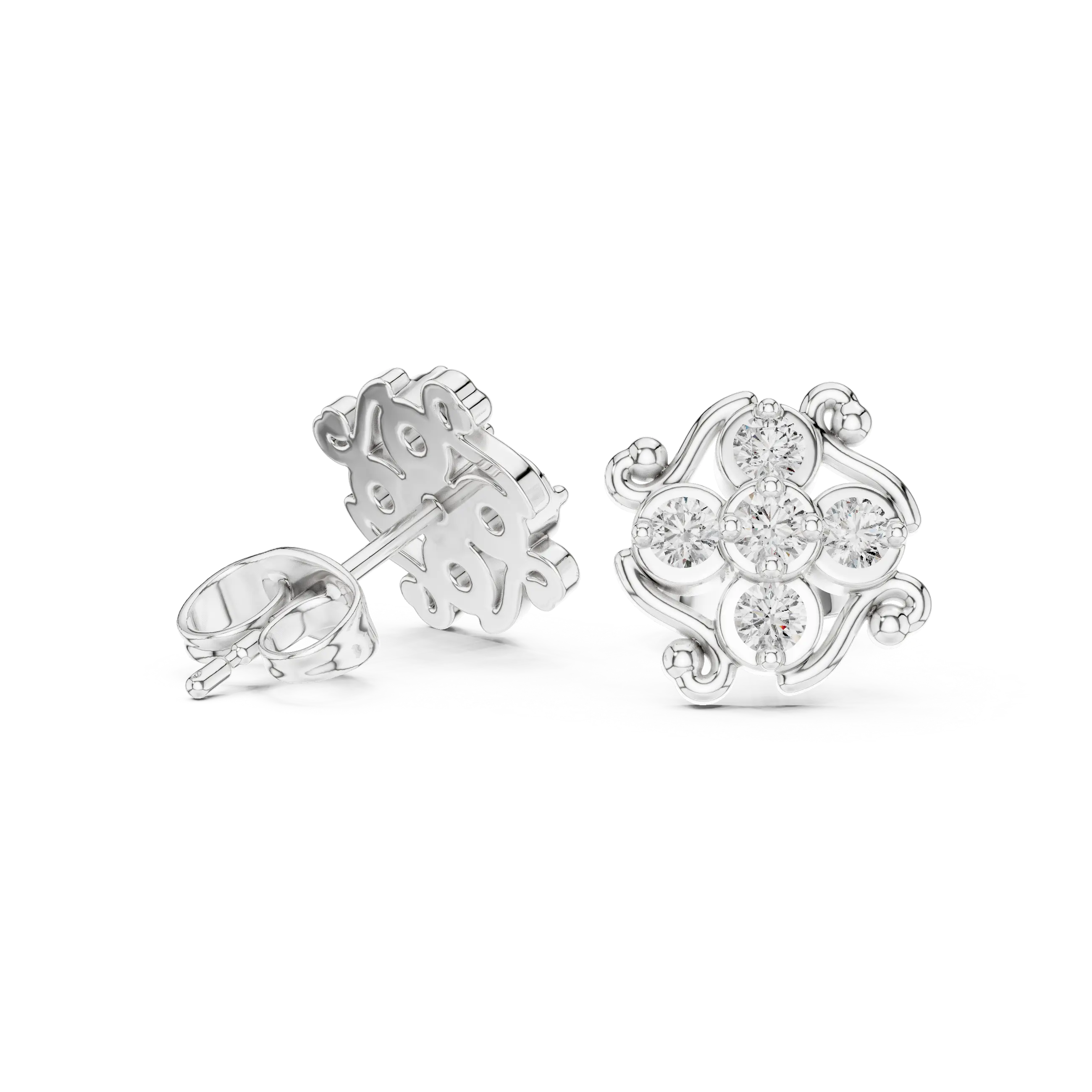 Pair Shot: Round Diamond Earrings with Cluster Setting in 14k White Gold - Lab Grown - Driona Jewels