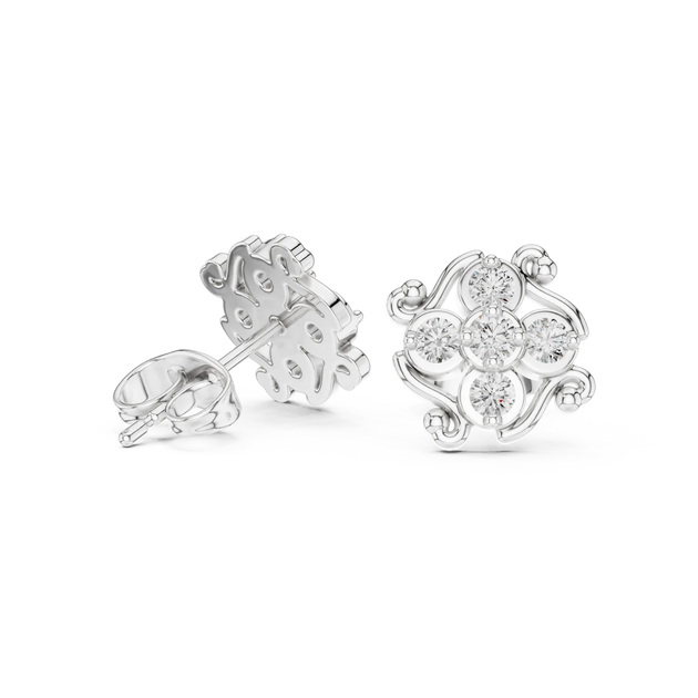 Pair Shot: Round Diamond Earrings with Cluster Setting in 14k White Gold - Lab Grown - Driona Jewels